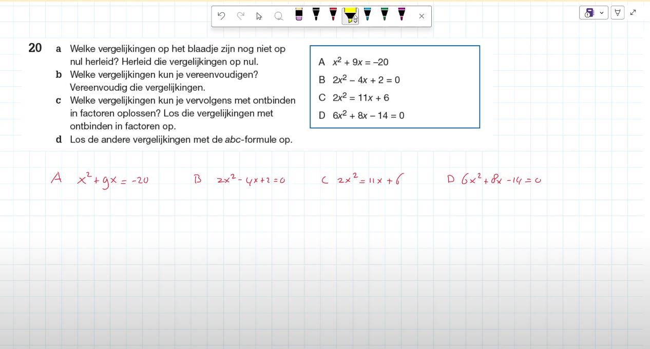 De abc-formule of ontbinden in factoren Opgave 20