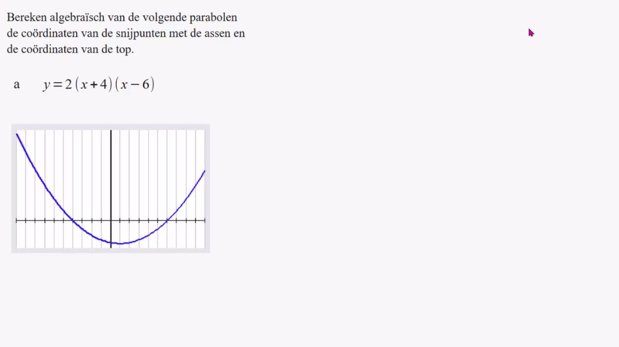 De formules y=a(x-p)<sup>2</sup>+q en y=a(x-d)(x-e) Opgave 15